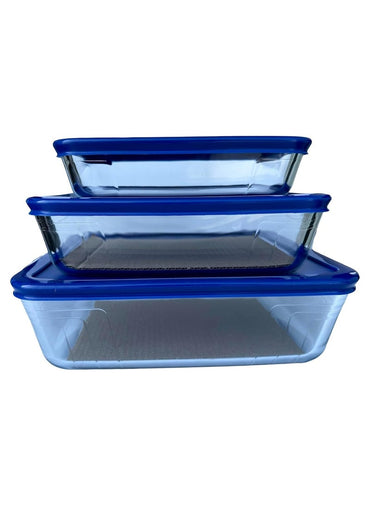 PYREX 3 Pieces Rectangular Food Cook Storage Container With Glass Lid 1.5+0.8+2.6Liters