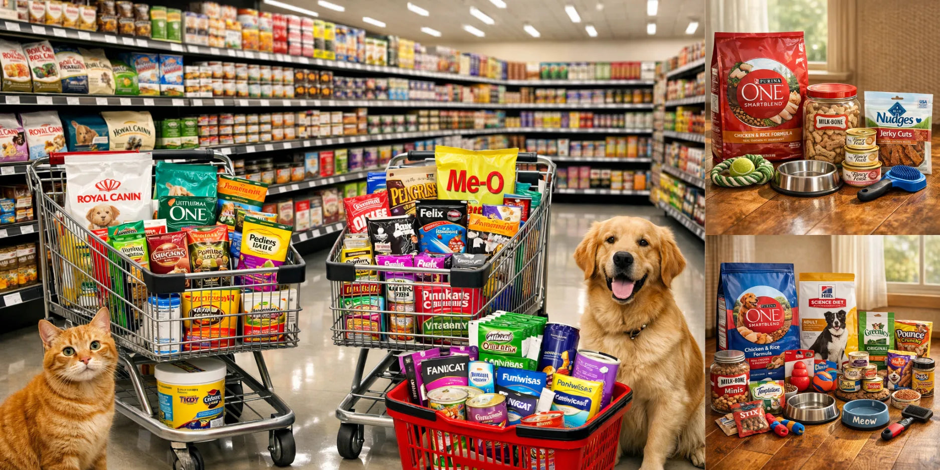 Supermarket aisle with shopping carts full of pet food brands, a dog and cat sitting together.