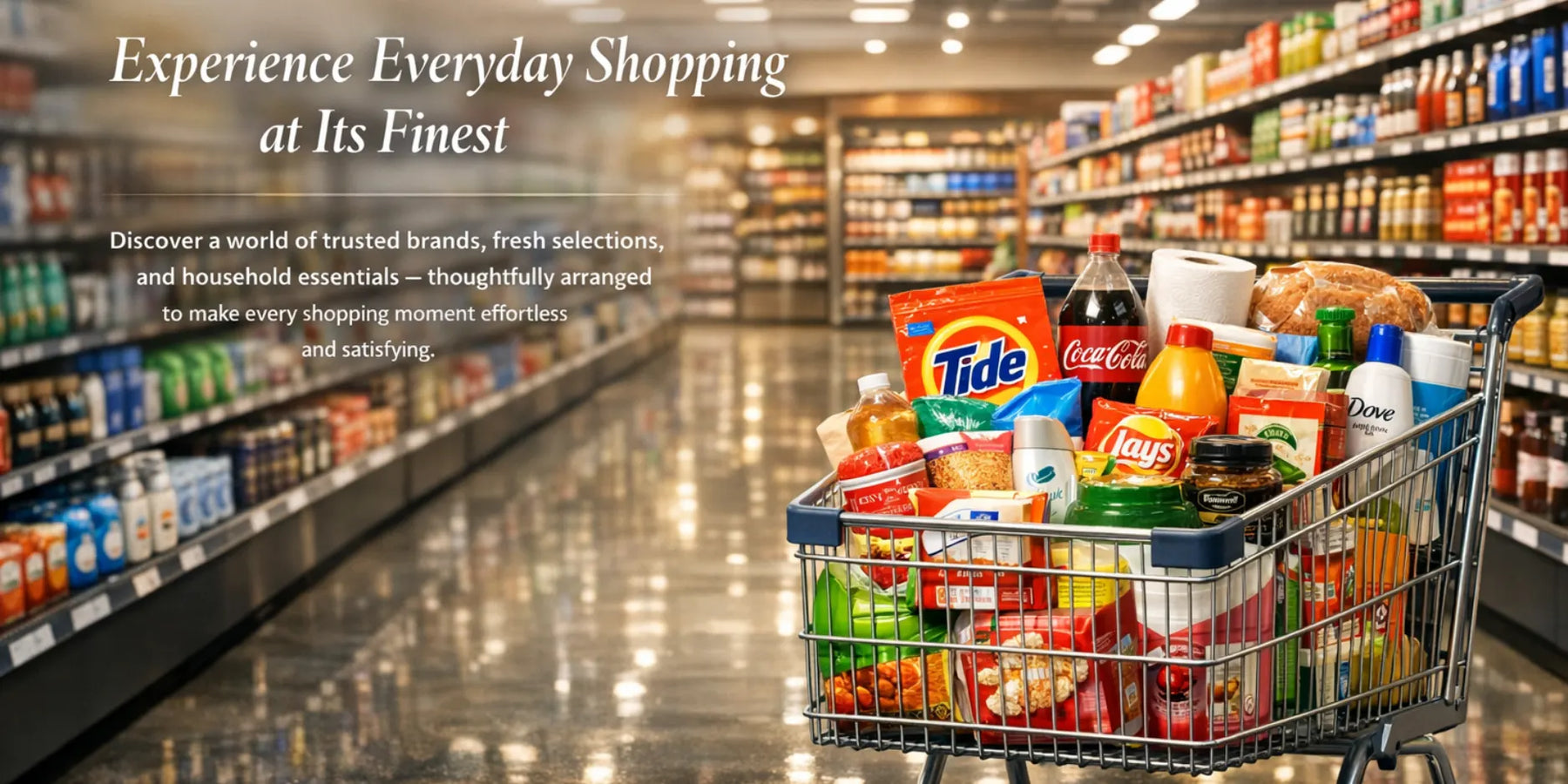 Supermarket aisle with a shopping cart full of groceries and branded products.