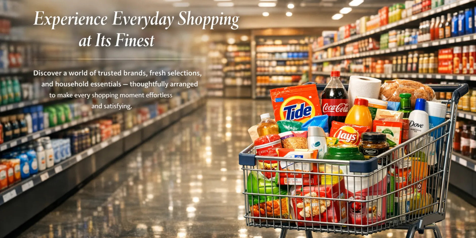 Supermarket aisle with a shopping cart full of groceries and branded products.